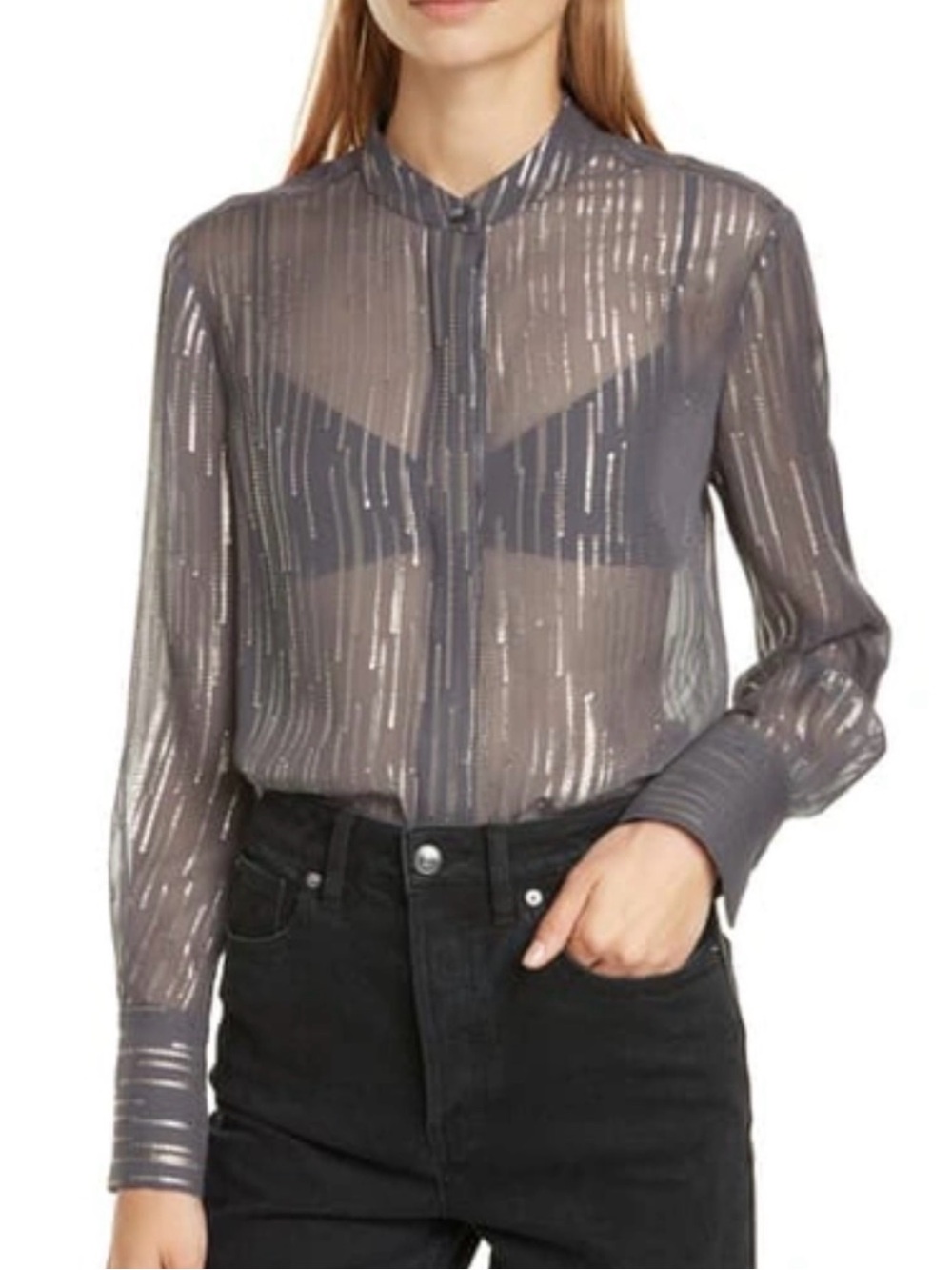 Equipment Sheer Metallic-Striped Long-Sleeve Blouse - Gray size S/P